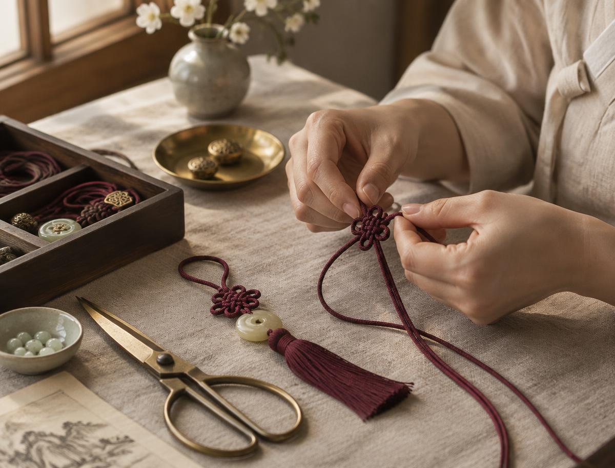 Hands tying a burgundy silk maedeup knot beside brass scissors and jade-toned beads